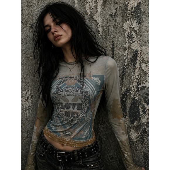 SHEIN Tops - Women Love Me Graphic Mesh Long Sleeve‎ Top Sage Green Y2K Grunge XS 2